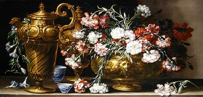 Bir kutuda Pembeli Natürmort ve bir çıkıntıda Floransalı bir ibrik (tuval üzerine yağlı boya) by Bartolomeo Bimbi