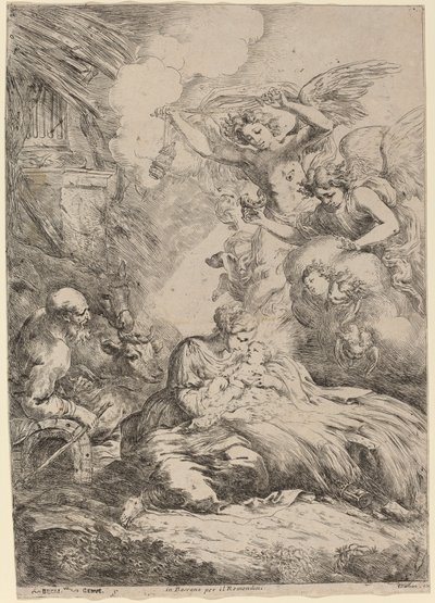 Meleklerin Taptığı Kutsal Aile (Büyük Doğuş) by Bartolomeo Biscaino