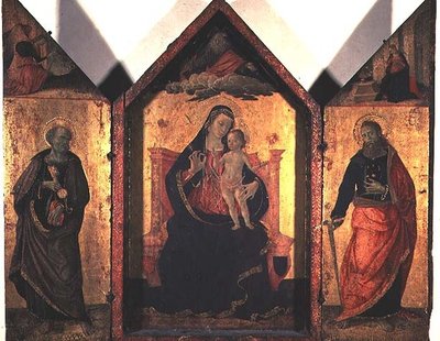 Vaftizci Yahya ve Havari Peter ile Madonna ve Çocuk (panelde tempera ve altın varak) by Bartolomeo Caporali