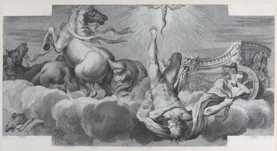 Levha 34: Araba sürücüsü Auriga, ortadaki arabadan düşüyor, üç at l..., 1756. Yaratıcılar: Bartolomeo Crivellari, Gabriel Söderling. by Bartolomeo Crivellari, Gabriel Söderling