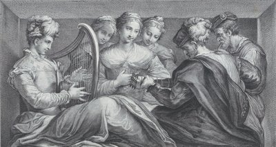 Arp ve gitar çalan zarif giyimli bir grup insan, 1740-68 by Bartolomeo Crivellari