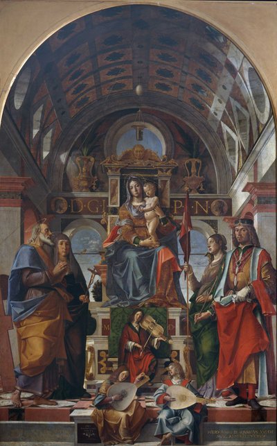 Meryem ve Çocuk, müzik yapan azizler ve meleklerle taçlandırılmış, 1499. by Bartolomeo Montagna