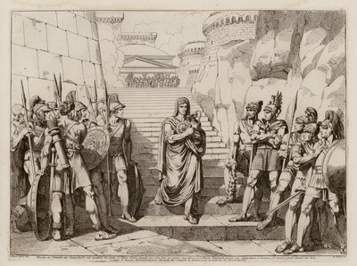 Gaius Fabius Dorsuo kurban kesmeye giderken Galyalılar tarafından rahatsız edilmeden geçer, MÖ 390 (gravür) by Bartolomeo Pinelli