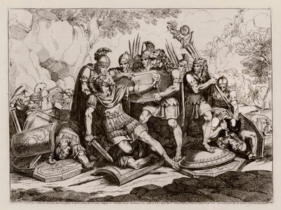 Marcus Calpurnius Flamma, Kartacalılar tarafından öldürülen yoldaşlarının cesetlerinin altında canlı bulundu (gravür) by Bartolomeo Pinelli