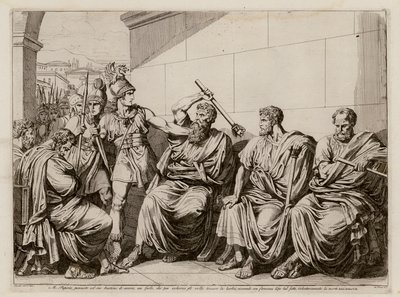 Marcus Papirius sakalına dokunmaya çalışan bir Galyalıya vuruyor, MÖ 387 (gravür) by Bartolomeo Pinelli