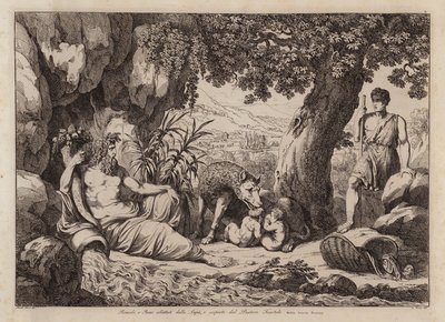 Dişi kurt tarafından emzirilen ve çoban Faustulus tarafından keşfedilen Romulus ve Remus (gravür) by Bartolomeo Pinelli