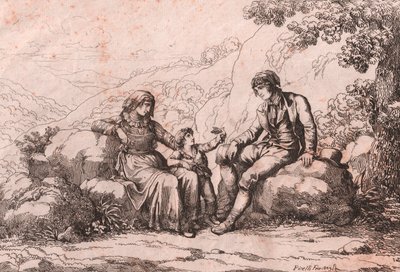 Bir bebeği olan iki halk, Schiavi, Abruzzo, Bartolomeo Pinelli tarafından gravür (Roma by Bartolomeo Pinelli
