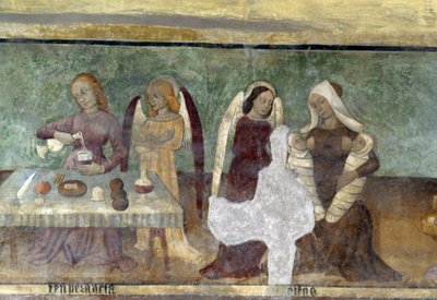 Alegorik Sahne, Bartolomeo Serra ve Sebastiano Serra, fresk, Aziz Stephen Şapeli, Giaglione, Piedmont, İtalya tarafından Kötülükler ve Erdemler Süvari Salonu