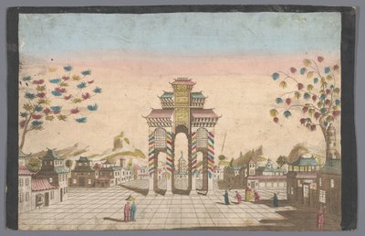 Kanton Vue d'optique d'un arc de triomphe tres élevé, en la ville de Canton en la Chine'deki bir meydandaki zafer takı görünümü (nesne üzerindeki başlık) by Basset