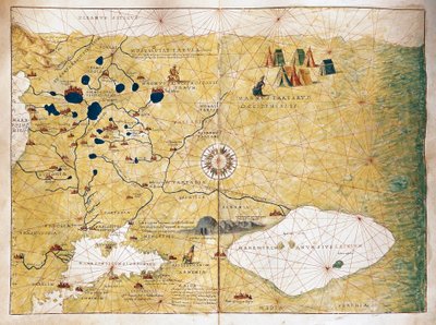 Moschoviae Tabula, Rusya haritası ve Volga Nehri boyunca Avrupa şehirleri by Battista Agnese