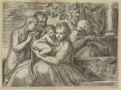 Azizler ile Kutsal Aile by Battista Angolo del Moro (attributed to)