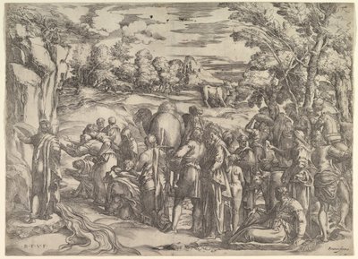 Musa Kayadan Su Çekiyor, solda akan su, çeşitli figürler ve ..., yakl. 1552-61. by Battista Franco Veneziano