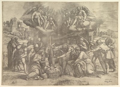 Başlarında melekler olan Çobanların Tapınması, yak. 1530-61. by Battista Franco Veneziano