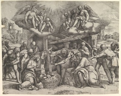 Başlarında melekler olan Çobanların Tapınması, yak. 1530-61. by Battista Franco Veneziano
