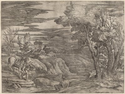 Bir Ata Önderlik Eden Bir Adamla Manzara by Battista Franco after Titian