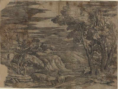 Bir Ata Önderlik Eden Bir Adamla Manzara by Battista Franco, after Titian