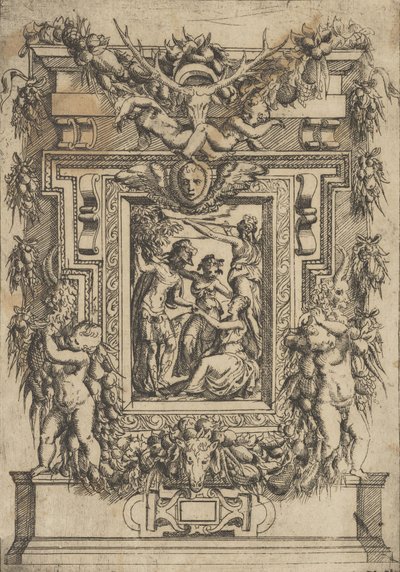 Genç bir adam, oturan bir kadına elini uzatıyor, aralarında başka bir kadın duruyor ve..., ca. 1540-80. by Battista del Moro