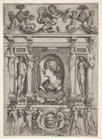 Sola bakan profilde bir kadın büstü, ayrıntılı bir çerçeveye yerleştirilmiş, n..., yakl. 1540-80. by Battista del Moro