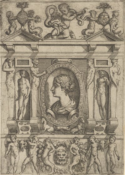 Sola bakan profilde bir kadın büstü, ayrıntılı bir çerçeveye yerleştirilmiş, n..., yakl. 1540-80. by Battista del Moro