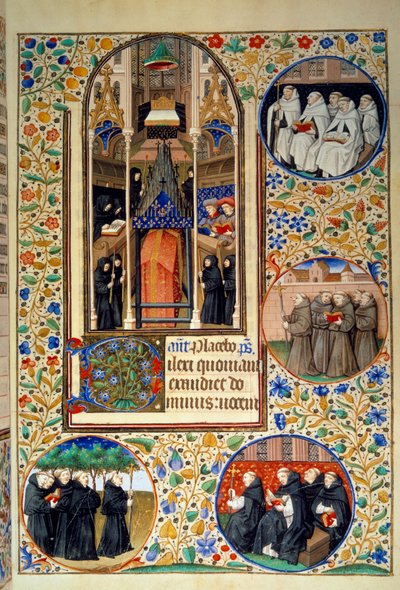 Manastır hayatından bir sahne. Madalyonlarda yukarıdan aşağıya Carmes, Fransiskanlar, Dominikler, Augustinler (solda). Bedford Usta
