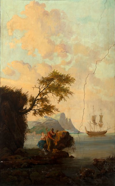 Arkadaki ikinci arka oda, toplantı odası, klasik tarzda kırsal sahneleri olan duvar resimleri, muhtemelen 1810 civarında, sahne 5 by Belgian School