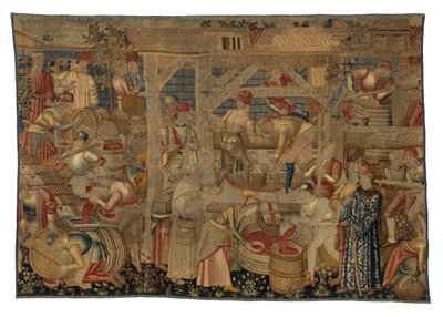 Şarap Preslerini tasvir eden duvar halısı, Tournai'den, 1460-70 civarı (yün) by Belgian School