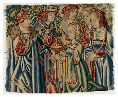 Louis XII'nin Brüksel'den XI. Louis'in kızı Jeanne ile Evliliğini tasvir eden duvar halısı parçası by Belgian School
