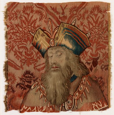 Muhtemelen Tournai, Belçika'da yapılmış, muhtemelen 16. yüzyılın başlarında yapılmış, bir Rahip veya Kral kafasını tasvir eden goblen paneli (yün) by Belgian School