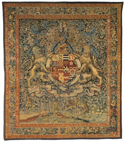 Leicester Kontu Robert Dudley'nin Kollarını taşıyan yeşil duvar halısı (47.1'lik bir çiftten biri), 1570-85 dolaylarında Belçika'nın Flanders kentinde yapılmıştır (yün ve ipek) by Belgian School