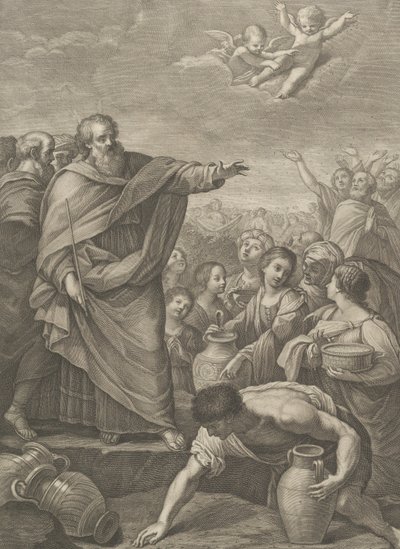 Musa, gökten düşerken man toplayan İsraillilerle birlikte, iki melek ab..., 1776 by Benedetto Eredi