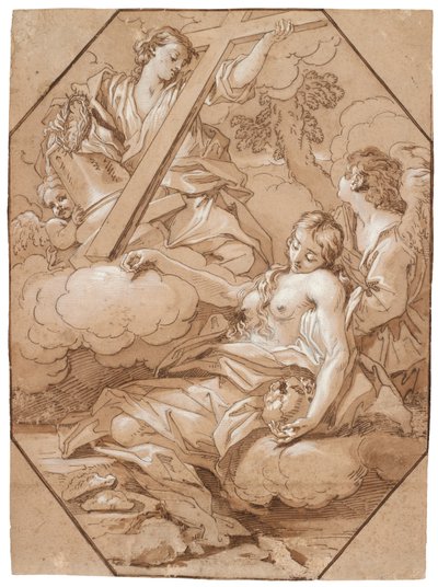 The Ecstasy of Saint Mary Magdalene, c.1715-19 (kahverengi astarlı kalem ve mürekkep, beyazla güçlendirilmiş, serilmiş kağıt üzerine kahverengi mürekkepten sekizgen çerçeveleme çizgileri ile) by Benedetto Luti