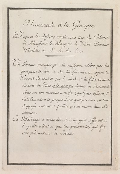 Yunan Maskeli Balosu: Başlık Sayfası Plakası 1, 1771. by Benigno Bossi