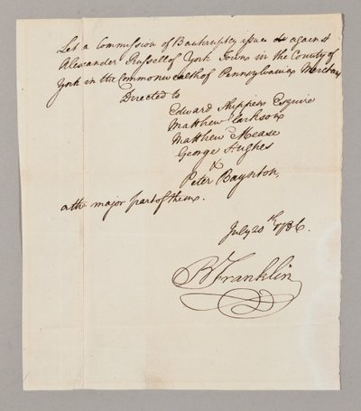 İflas Komisyonu, 20 Temmuz 1786 (kağıt üzerine kalem ve mürekkep) (ayrıca bkz. 2561291-93) by Benjamin Franklin