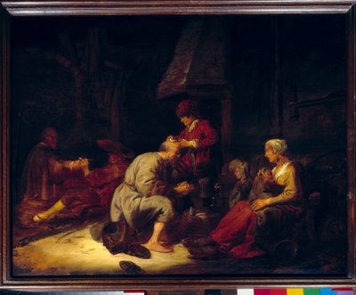 Ameliyatta hastalarından birini kafasından ameliyat eden bir büyüteç cerrahı var. Benjamin Gerritsz Cuyp tarafından boyama by Benjamin Gerritsz. Cuyp