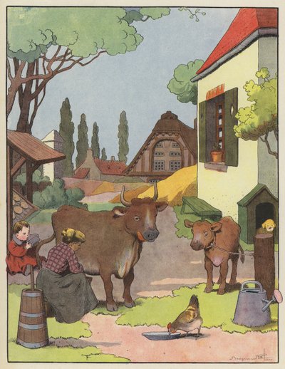Çiftlik bahçesinde inek sağan kadın by Benjamin Rabier