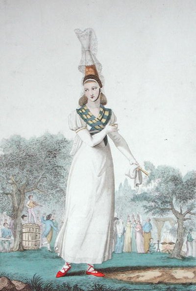 Bayram günleri için geleneksel kostümlü bir Cauchoise, Gatin c.1830 tarafından oyulmuş (renkli taş) by Benoit (after) Pecheux