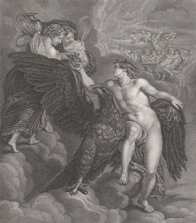 Ganymede, bir kartala yaslanmış, kupayı Hebe