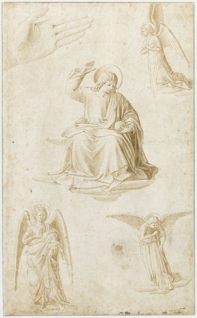 Salvator Mundi olarak bir el, üç melek ve İsa çalışmaları, 15. yüzyılın ikinci yarısı by Benozzo Gozzoli