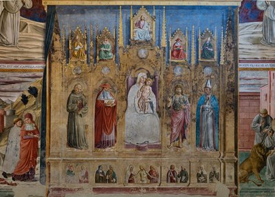 Meryem Ana ve Çocuk, Padua S. Anthony, St. Jerome, St. John ve Toulouse St. Louis, St. Jerome Şapeli ile sahte bir poliptik by Benozzo di Lese di Sandro Gozzoli