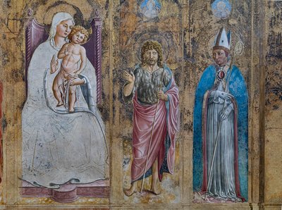 Meryem Ana ve Çocuk, Padua S. Anthony, St. John ve Toulouse St. Louis, St. Jerome Şapeli ile sahte bir poliptik detayı by Benozzo di Lese di Sandro Gozzoli