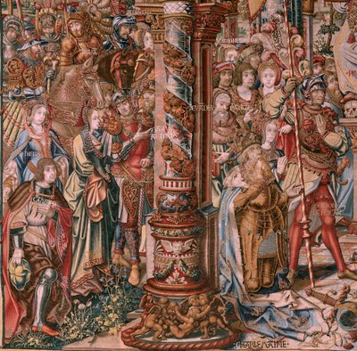 Flaman halısı. Seri Onur. İnanç (La Fe). Serinin ilk halısı. Bernard van Orley ve Jan Gossaert (Mabuse) çevresinden Model Karikatürcüler. Pieter van Aelst, Brüksel imalatı. Ca 1550. Kumaş Altın, gümüş, ipek ve yün. by Bernaert van (circle of) Orley