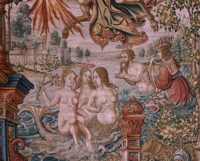 Flaman halısı. Seri Onur. Şöhret (La Fama). Serinin üçüncü halısı. Bernard van Orley ve Jan Gossaert (Mabuse) çevresinden Model Karikatürcüler. Pieter van Aelst, Brüksel imalatı. Ca 1550. Kumaş Altın, gümüş, ipek ve yün. by Bernaert van (circle of) Orley