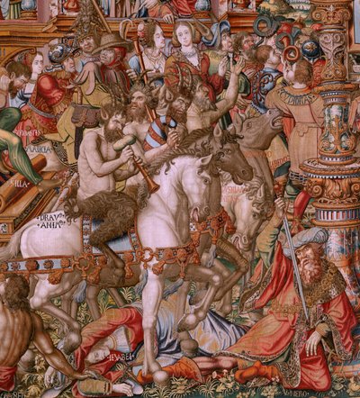 Flaman halısı. Seri Onur. Infamy (La Infamia). Serinin altıncı halısı. Bernard van Orley ve Jan Gossaert (Mabuse) çevresinden Model Karikatürcüler. Pieter van Aelst, Brüksel imalatı. Ca 1550. Kumaş Altın, gümüş, ipek ve yün. by Bernaert van (circle of) Orley