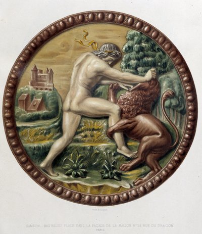 Samson savaşçı le aslan - kısma en céramique, C. Delange ve C. Borneman, Paris tarafından “Bernard Palissy