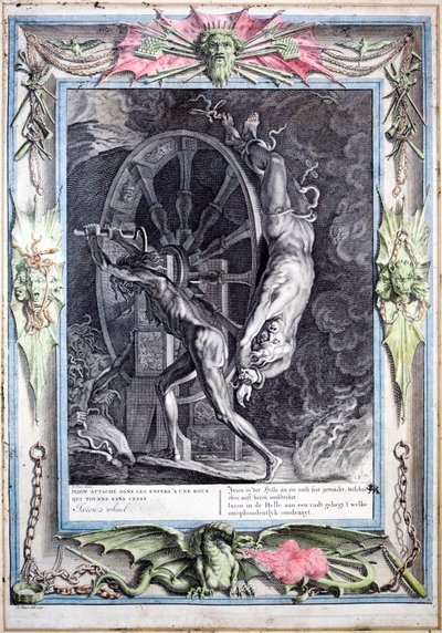 Sonsuza dek dönen ateşli çarka bağlı Ixion (renkli gravür) by Bernard (after) Picart
