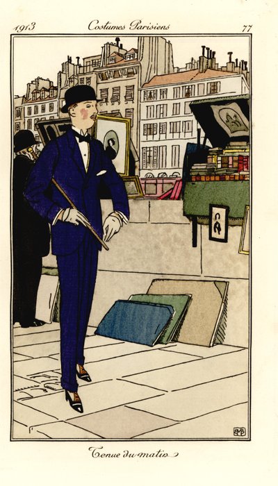 Takım elbiseli, melon şapkalı ve bastonlu bir adam Seine'deki kitapçıların yanından geçiyor. Sabah kıyafeti. Tommaso Antongini'nin Journal des Dames et des Modes, Aux Bureaux du Journa'dan Bernard Boutet de Monvel tarafından yapılan bir illüstr by Bernard Boutet de Monvel