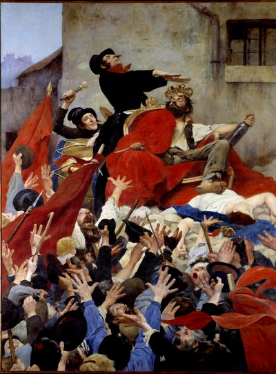 Alçağın apotheosis'i veya Robert Macaire'in zaferi Robert Macaire, haydut ve vicdansız iş adamını simgeleyen hayali bir figürdür. O bir kraliyet temsilcisi ve kalabalığın tezahüratları. Maurice Boutet de Monvel'in tablosu (1851-191) by Bernard Boutet de Monvel