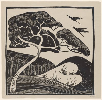 Kum tepesi manzarası (nesne üzerindeki başlık) 2 balıkçıllı ağaç (nesne üzerindeki başlık) by Bernard Essers (signed by artist)