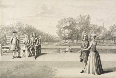 Long Water kıyısındaki rakamlar, Hampton Court Palace (kağıt üzerine kurşun kalem ve mürekkeple gri yıkama) by Bernard Lens