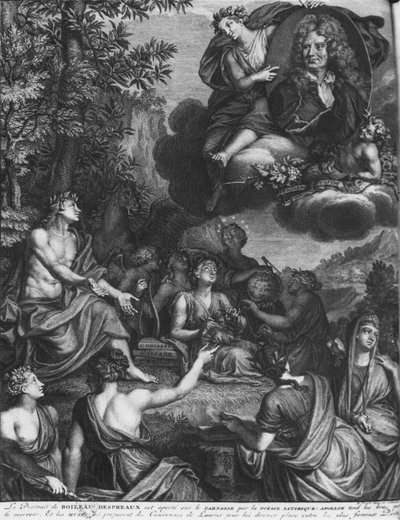 Boileau-Despreaux olarak bilinen, Boileau'nun zaferi olarak bilinen Nicolas Boileau'nun 'Oeuvres' eserinin ön yüzü, 1718'de Amsterdam'da yayınlandı by Bernard Picart